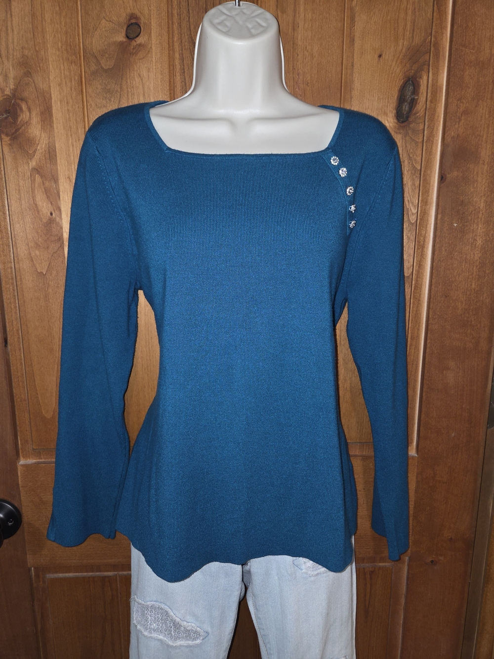 Apt. 9 Teal Square-Neck Long Sleeve Sweater with Shoulder Buttons